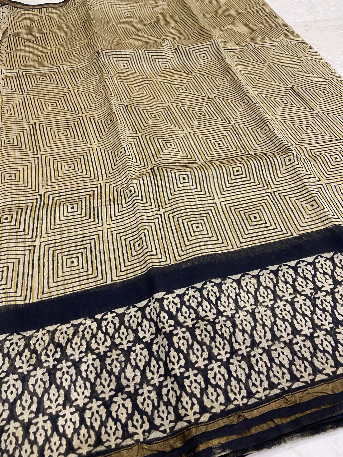 Yellow squares printed chanderi cotton silk saree