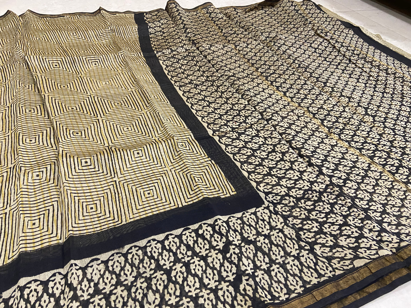 Yellow squares printed chanderi cotton silk saree
