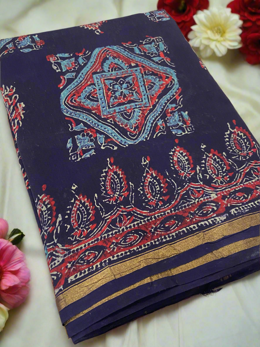 Navy blue chanderi cotton silk saree