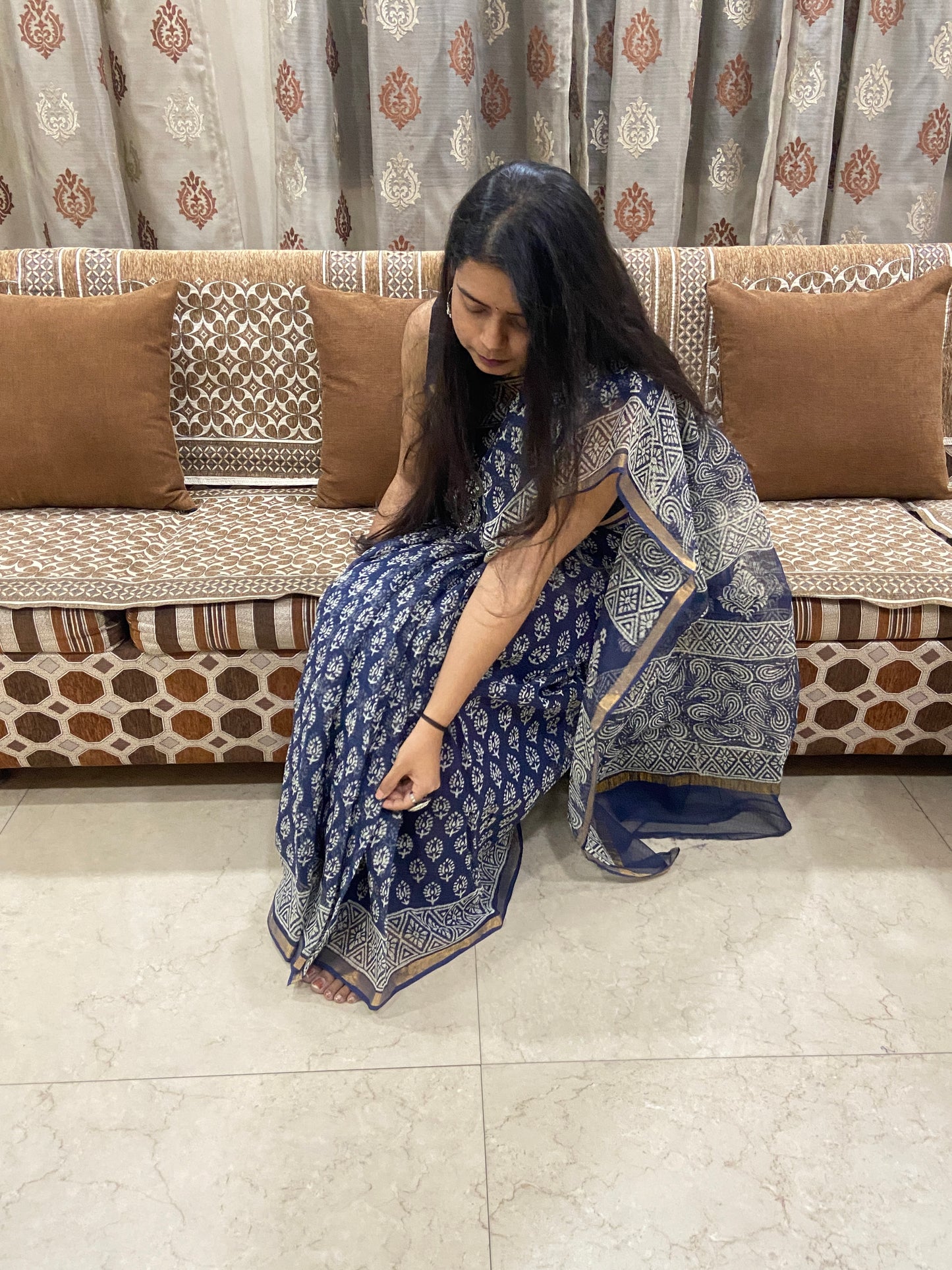 Indigo flower booti printed cotton kota doria zari border saree