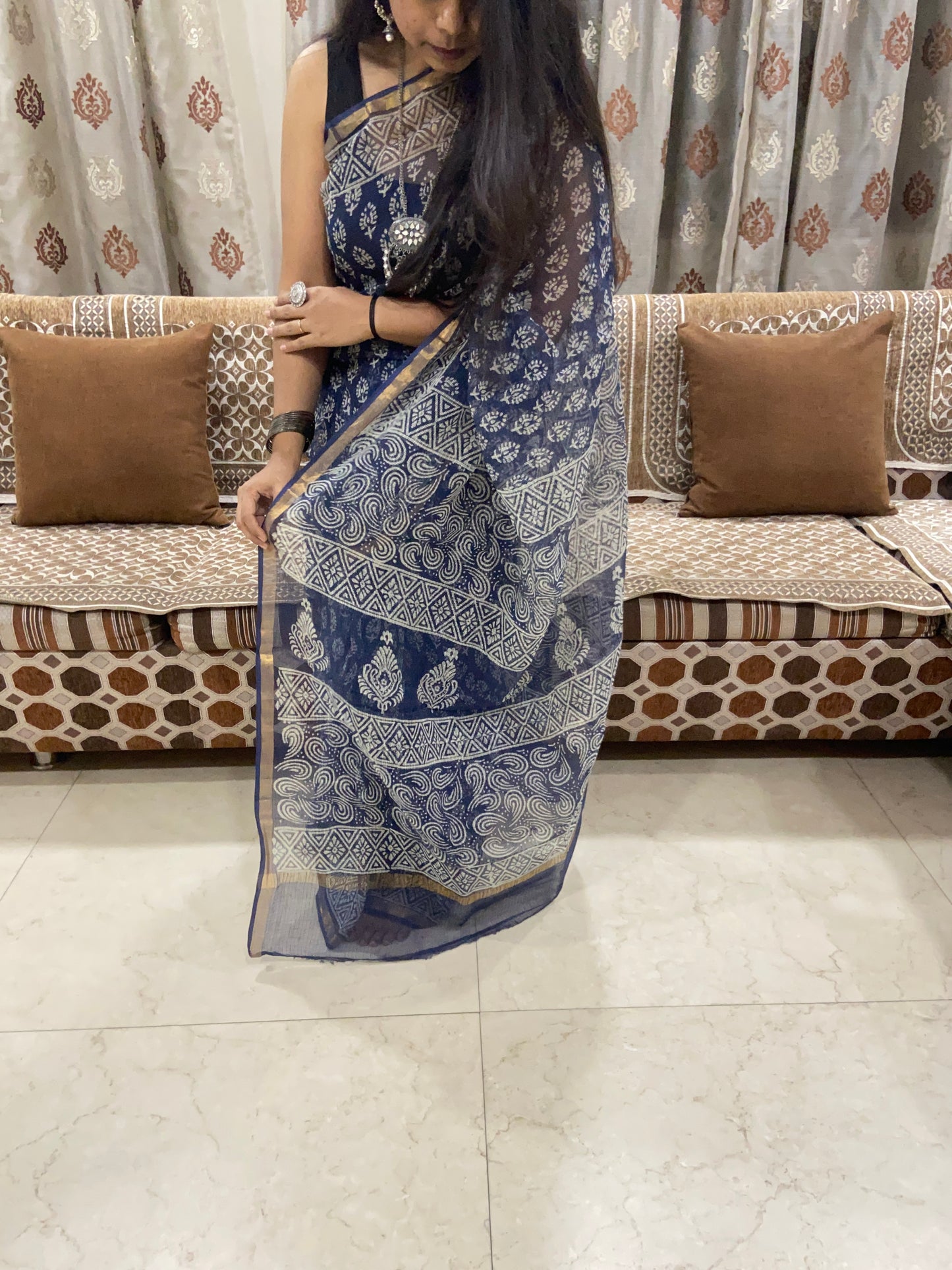 Indigo flower booti printed cotton kota doria zari border saree