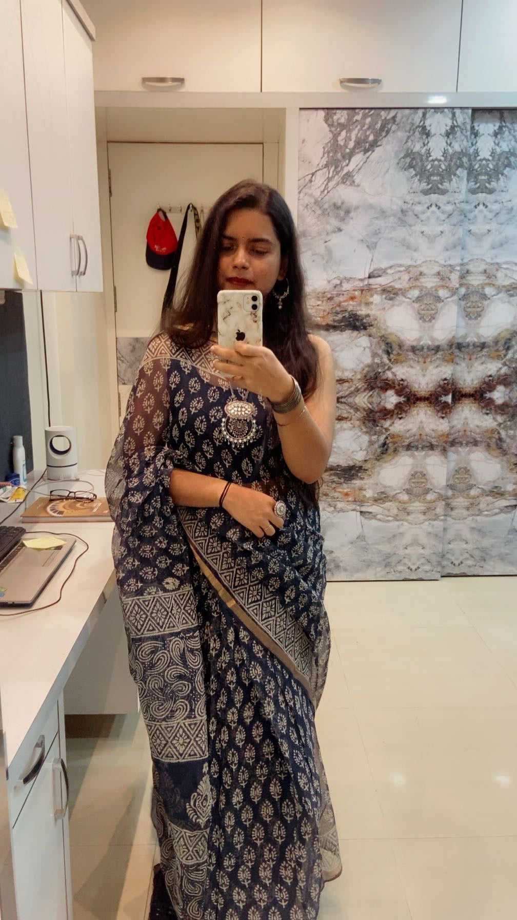 Indigo flower booti printed cotton kota doria zari border saree
