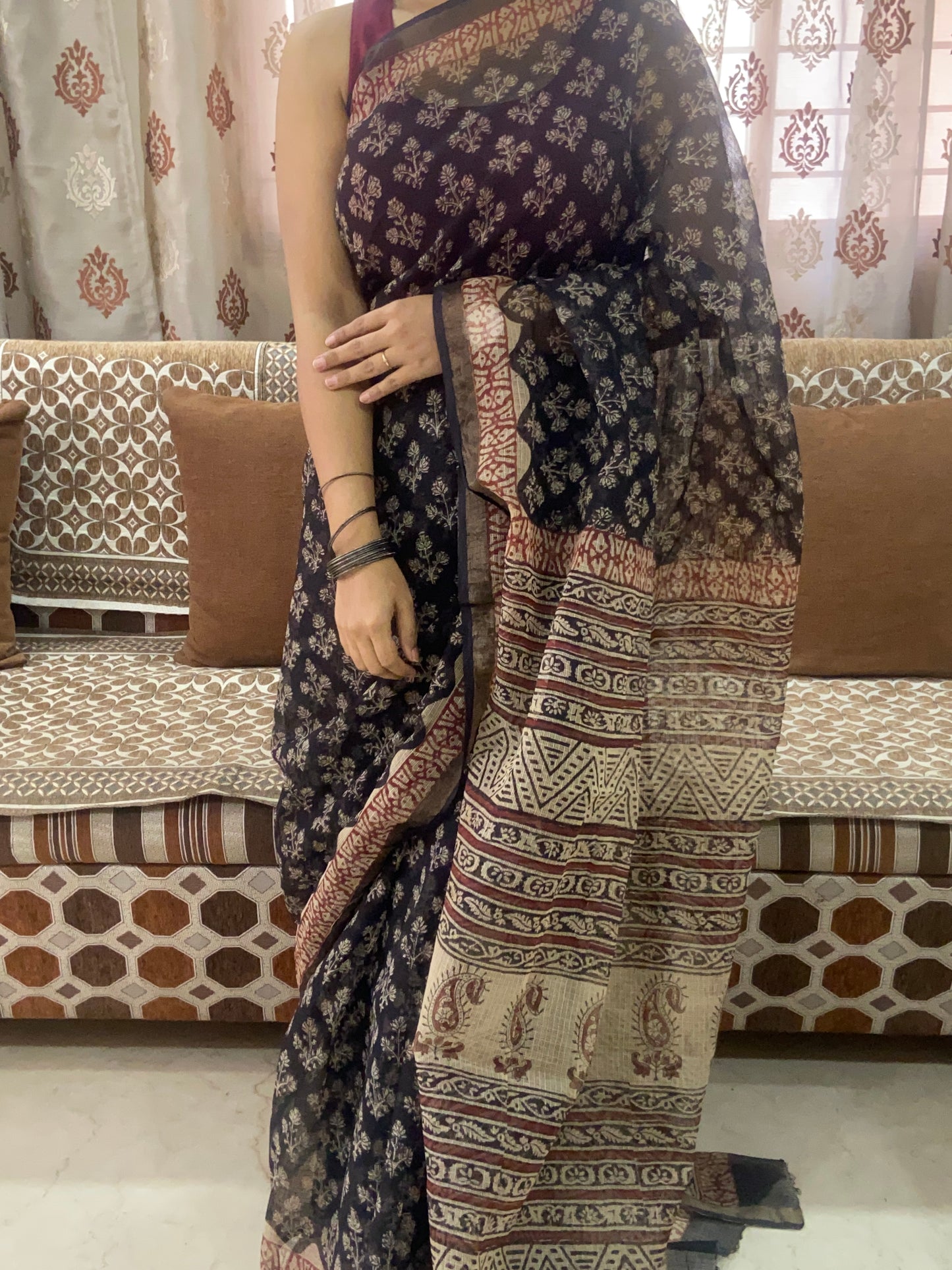 Black flowers handblock printed kota doria saree