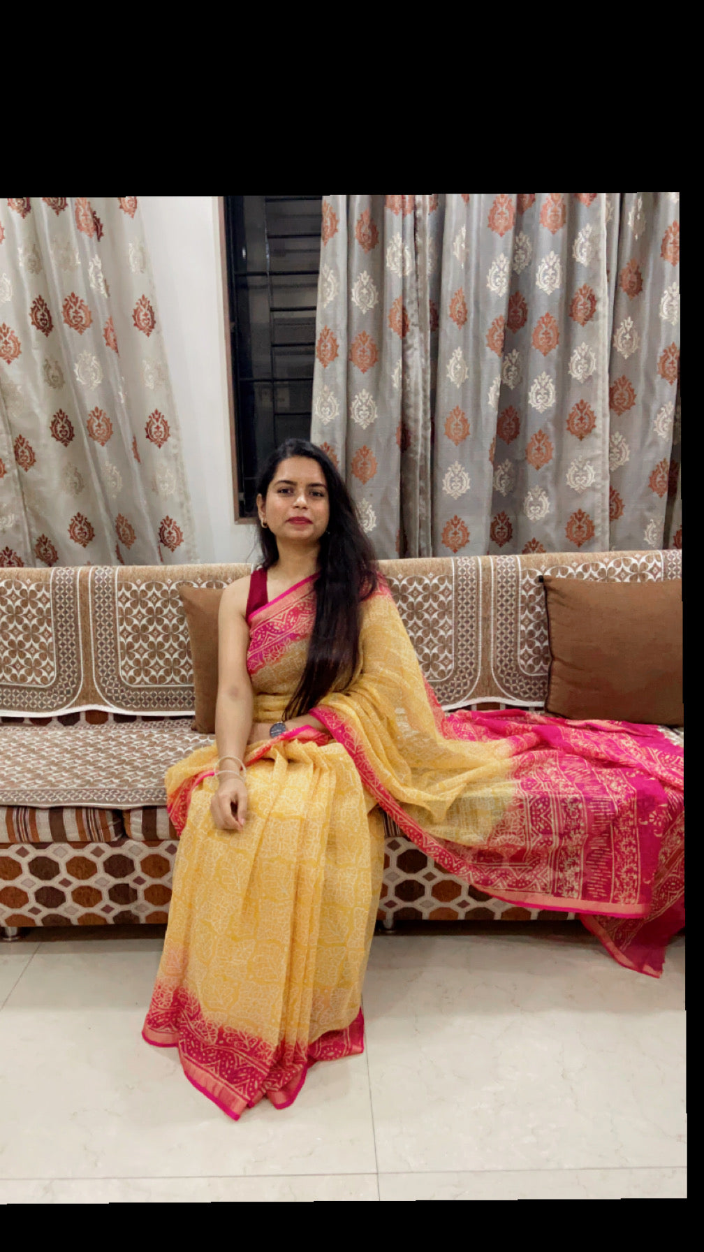 Yellow and pink handblock printed cotton kota doria saree