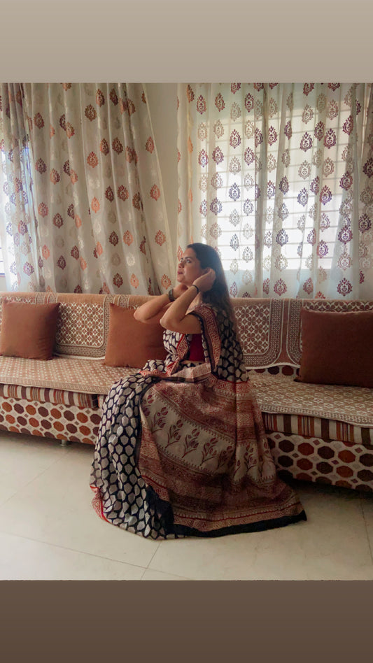 Black and brown chanderi cotton silk zari border saree