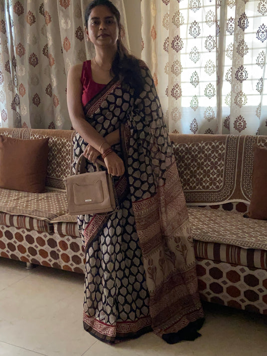 Black Floral Buta Handblock Printed Chanderi Silk Cotton Saree with Brown Pallu