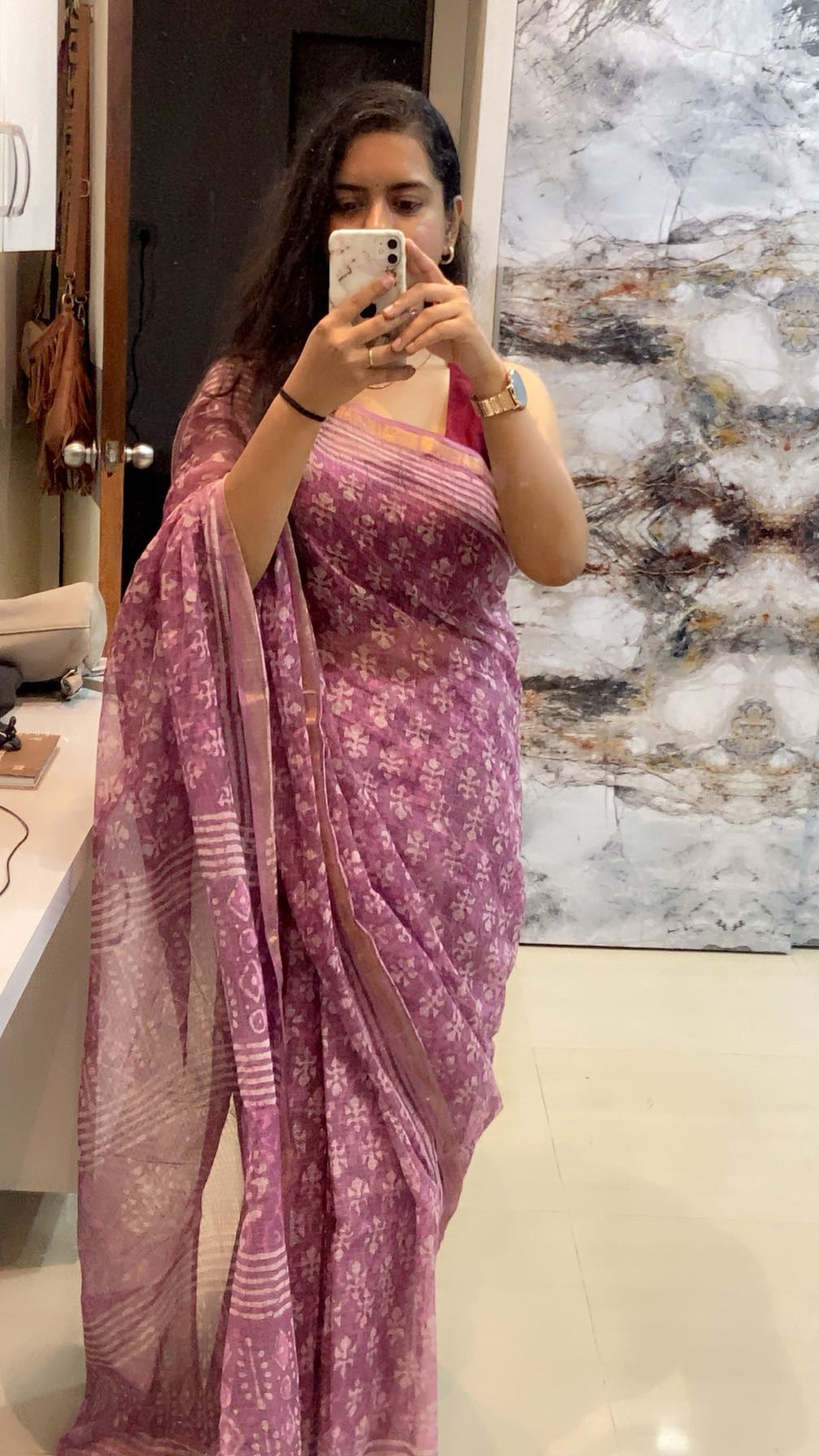 Mauve pink cotton kota doria zari border saree