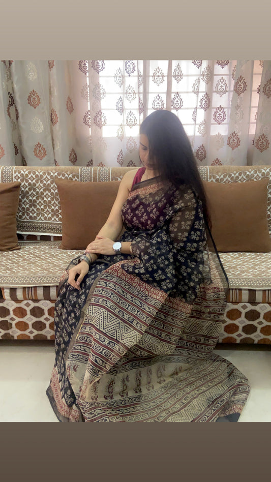 Black flowers handblock printed kota doria saree