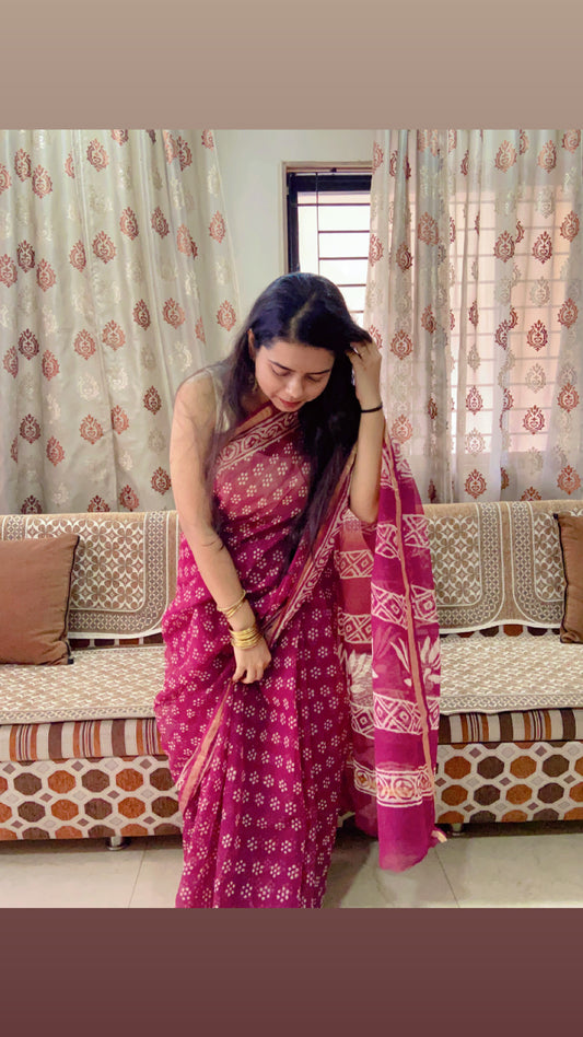 Wine floral butti cotton kota doria zari border saree