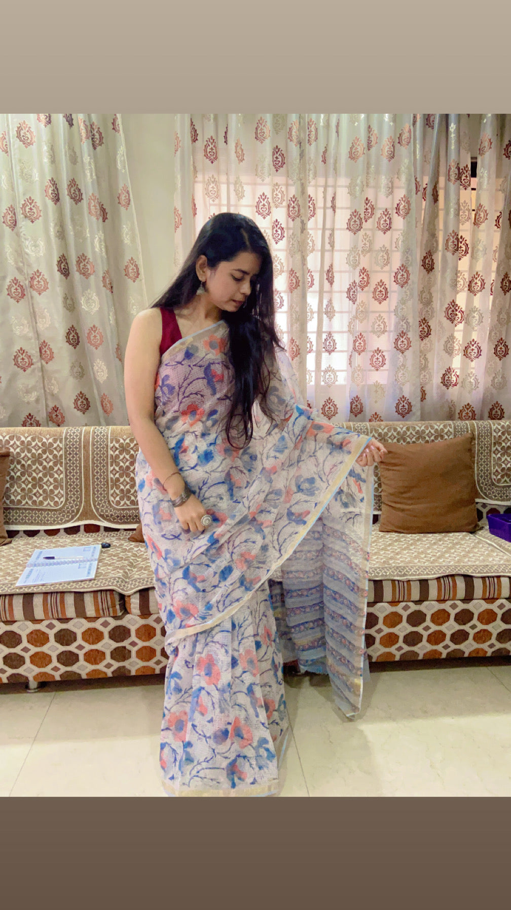 Blue and red flower buttis cotton kota doria zari border saree