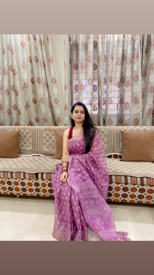 Mauve pink cotton kota doria zari border saree