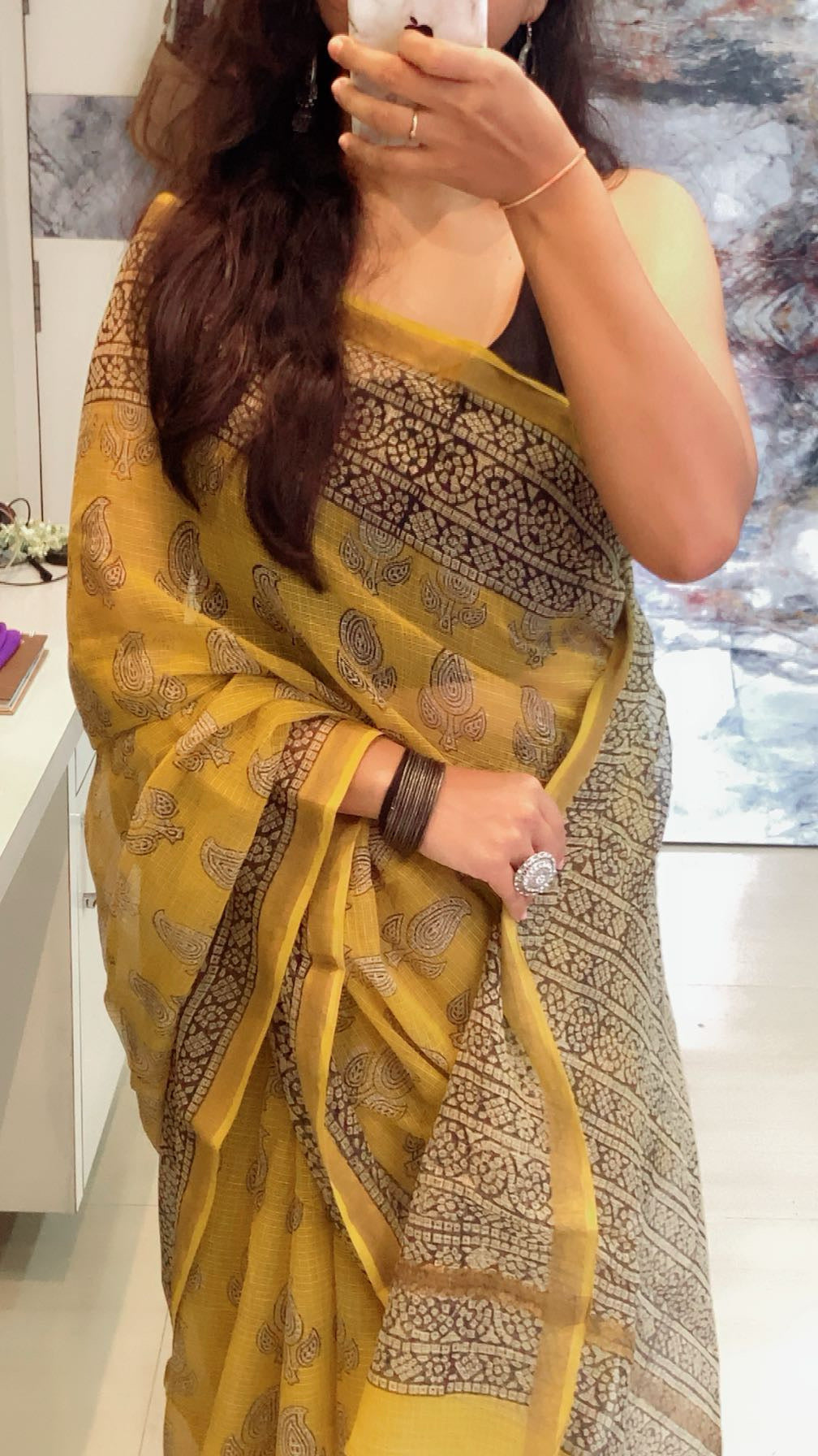 Yellow mango buttis cotton kota doria saree