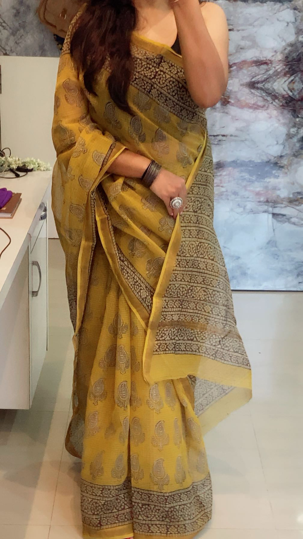 Yellow mango buttis cotton kota doria saree