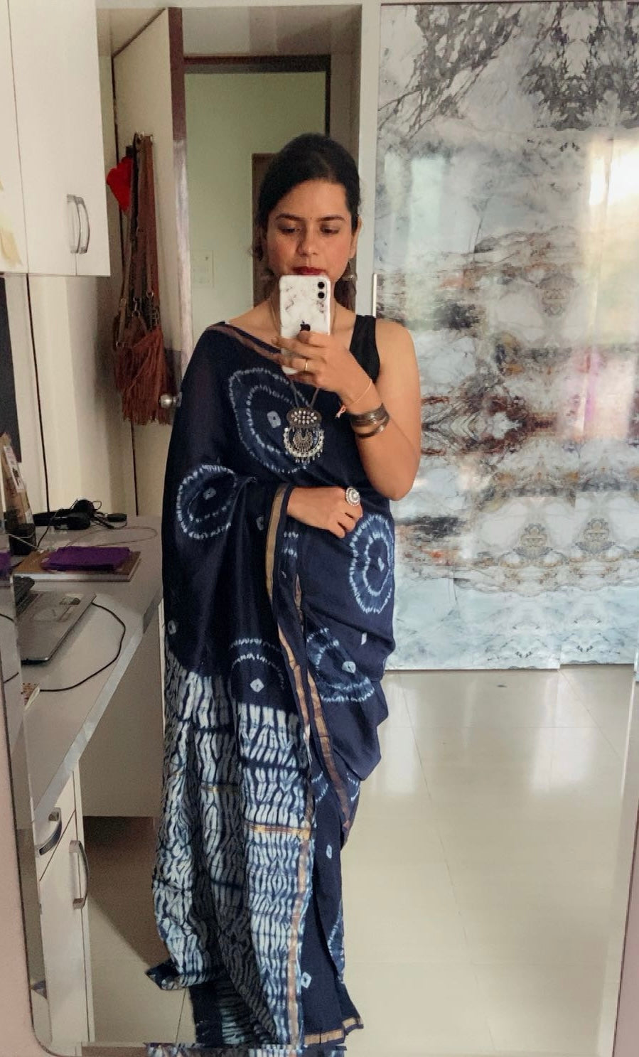 Navy blue chanderi cotton silk saree