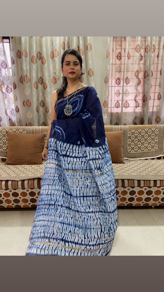 Navy blue chanderi cotton silk saree