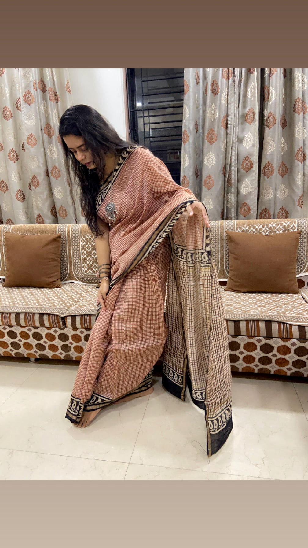 Red checkered chanderi cotton silk saree