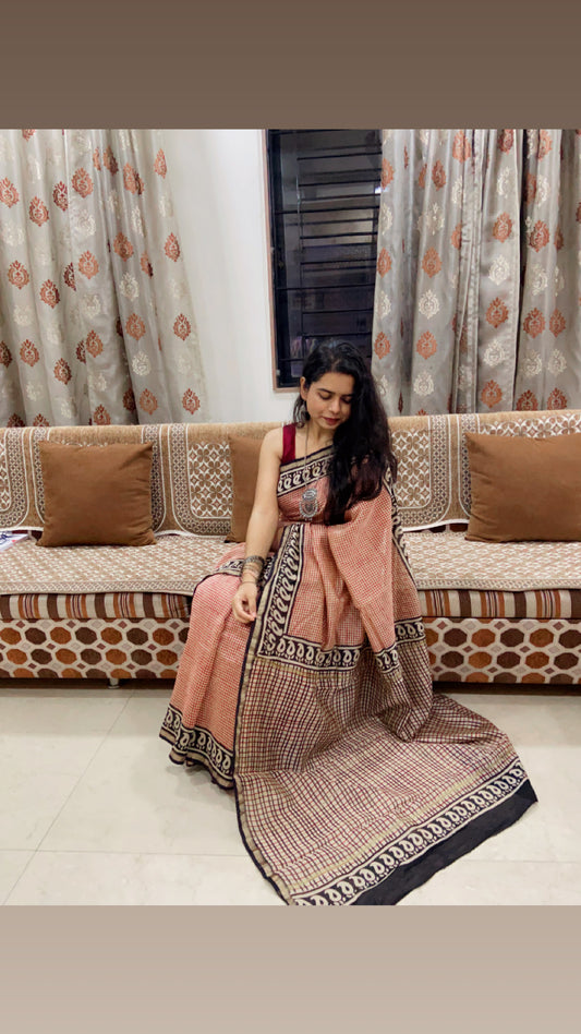 Red checkered chanderi cotton silk saree