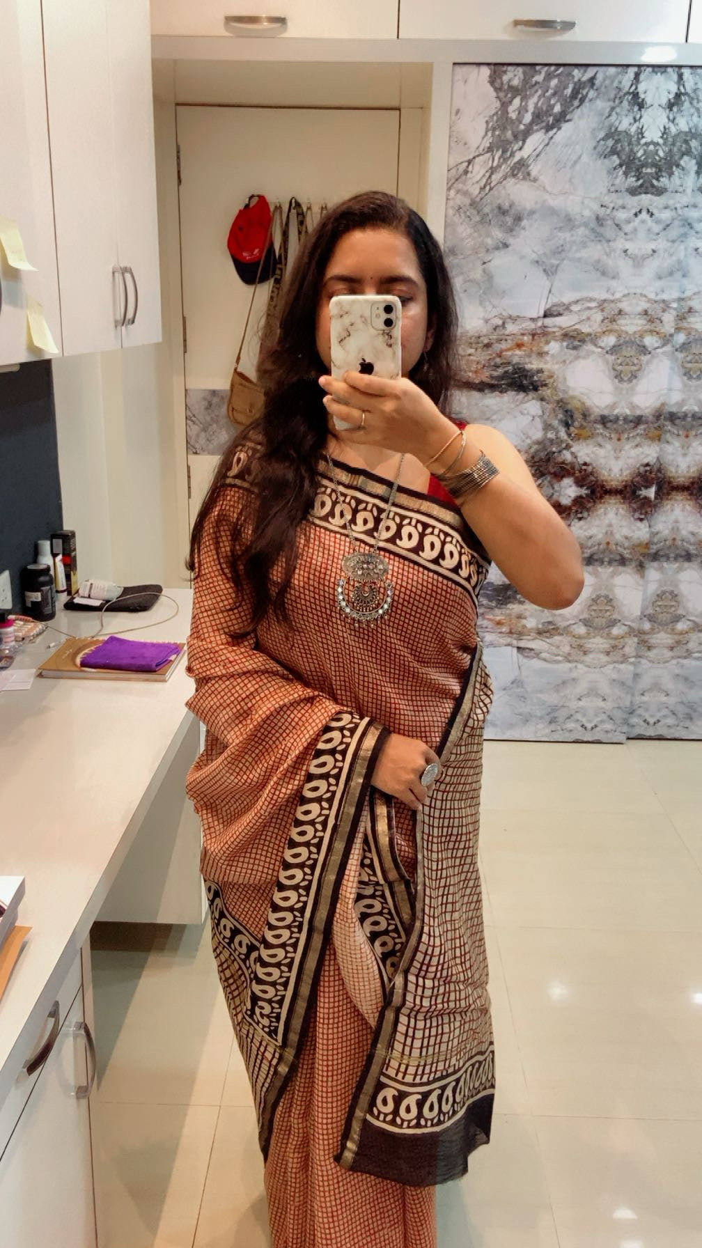 Red checkered chanderi cotton silk saree