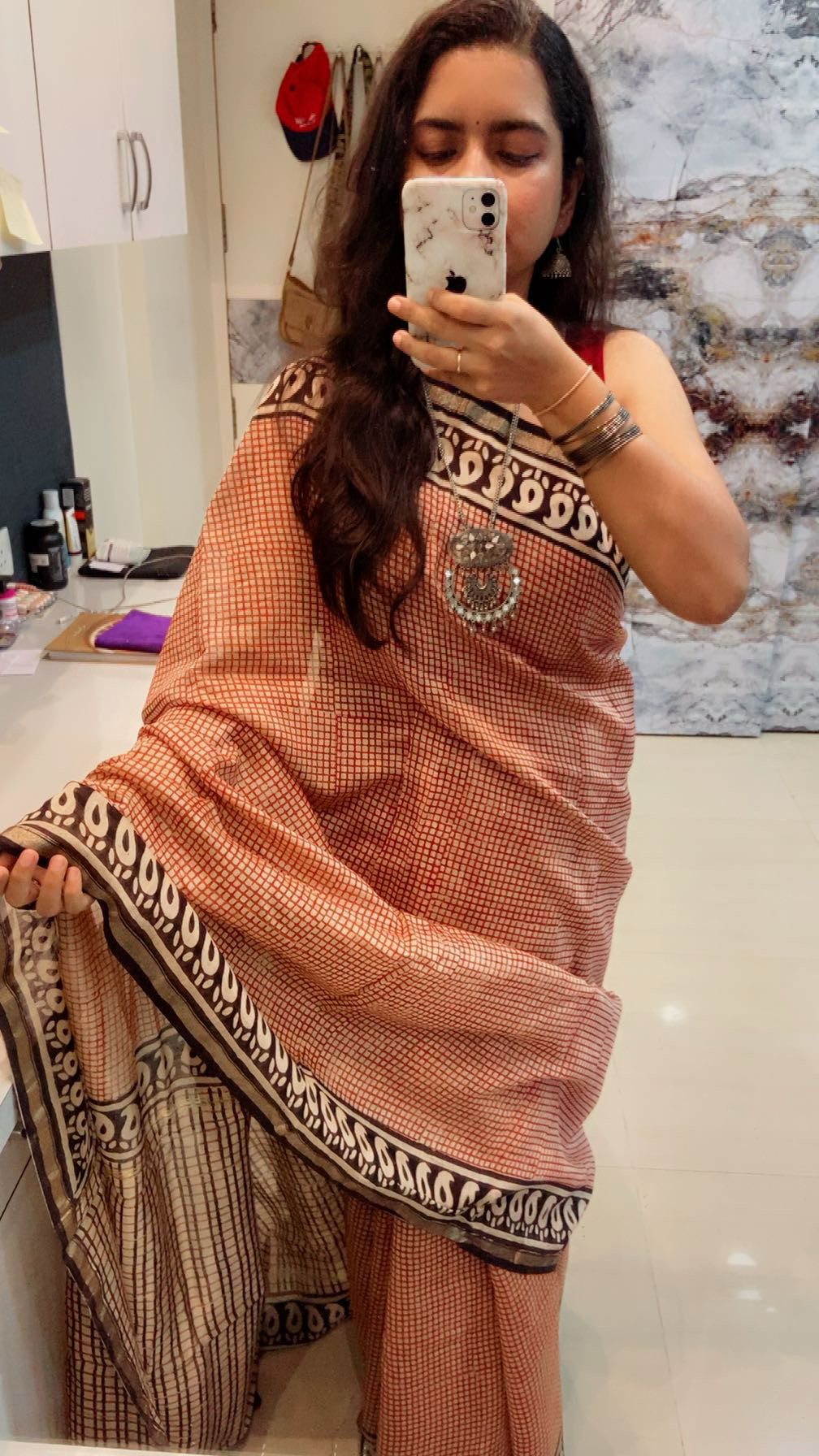 Red checkered chanderi cotton silk saree