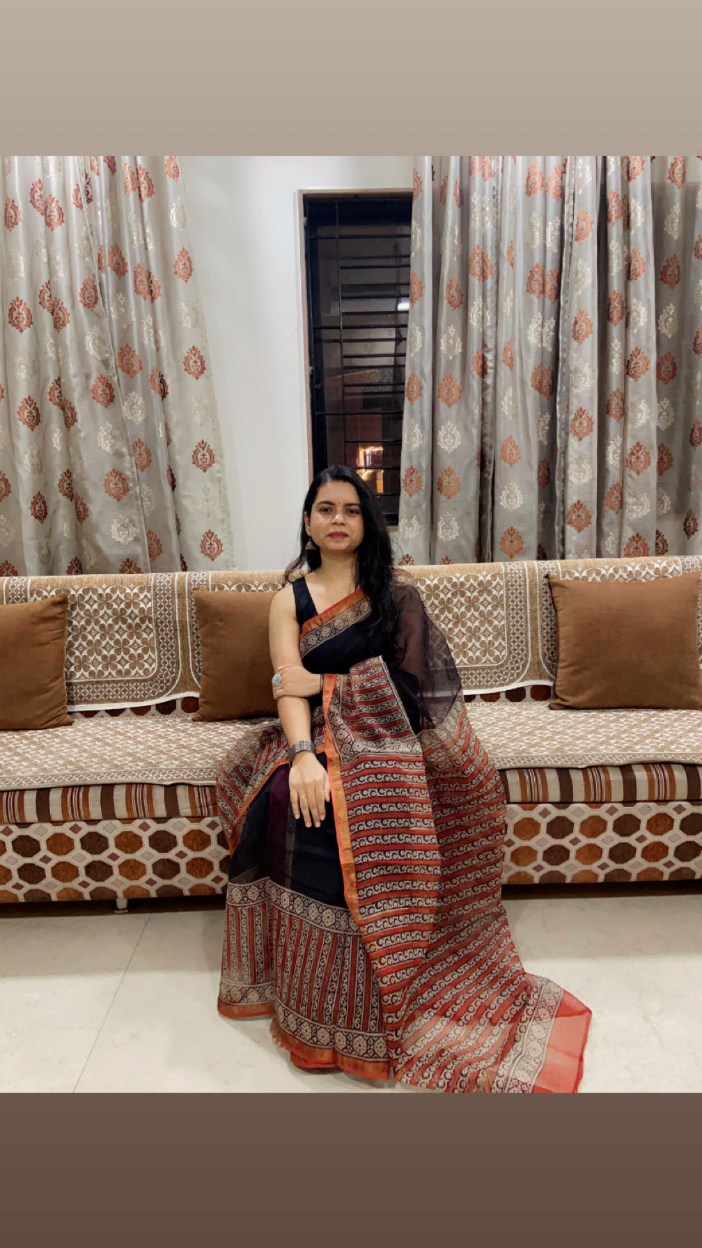 Black and red pattern border cotton kota doria saree