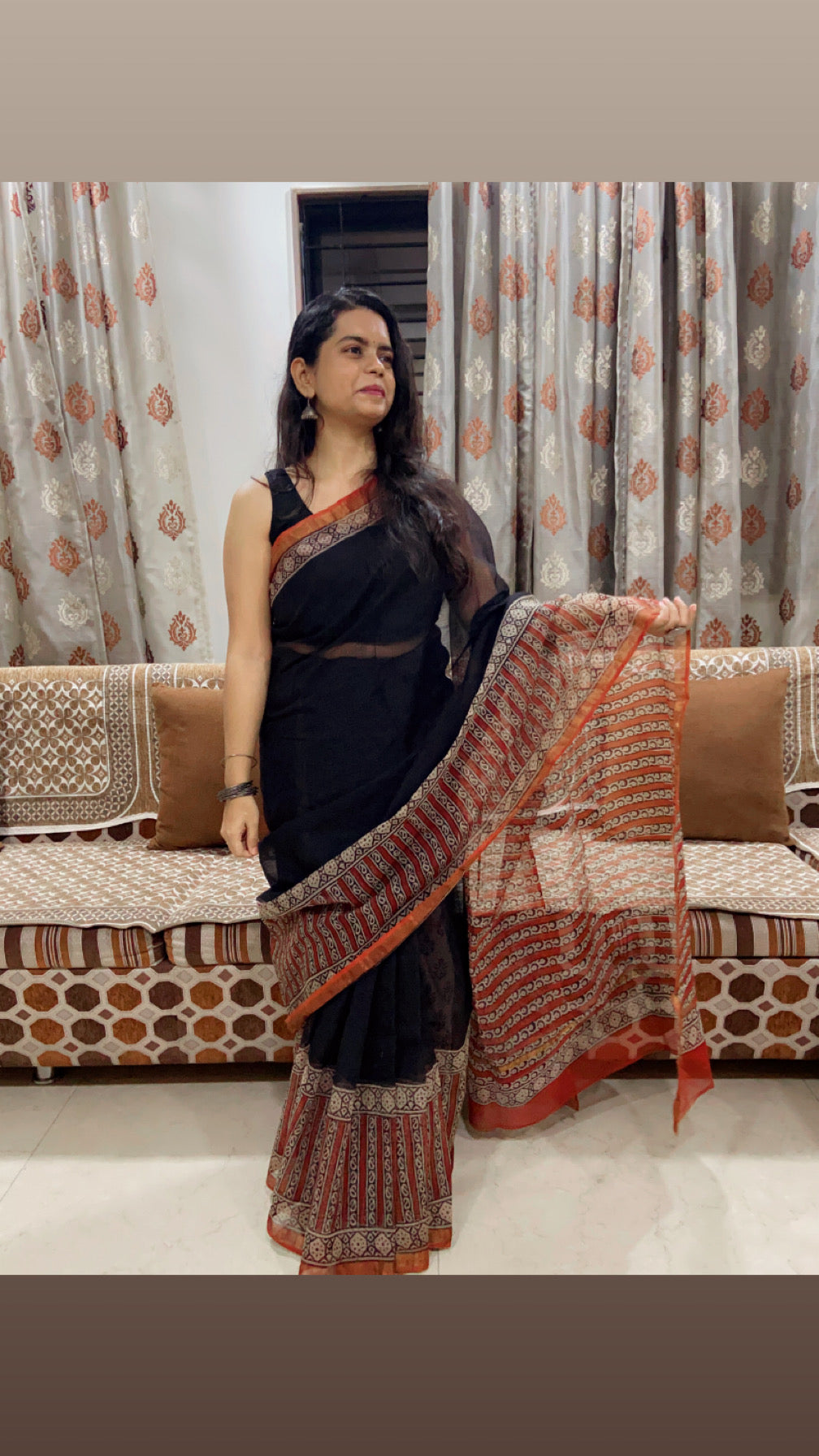 Black and red pattern border cotton kota doria saree