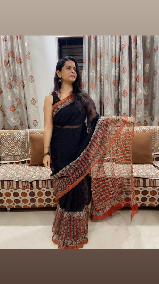 Black and red pattern border cotton kota doria saree