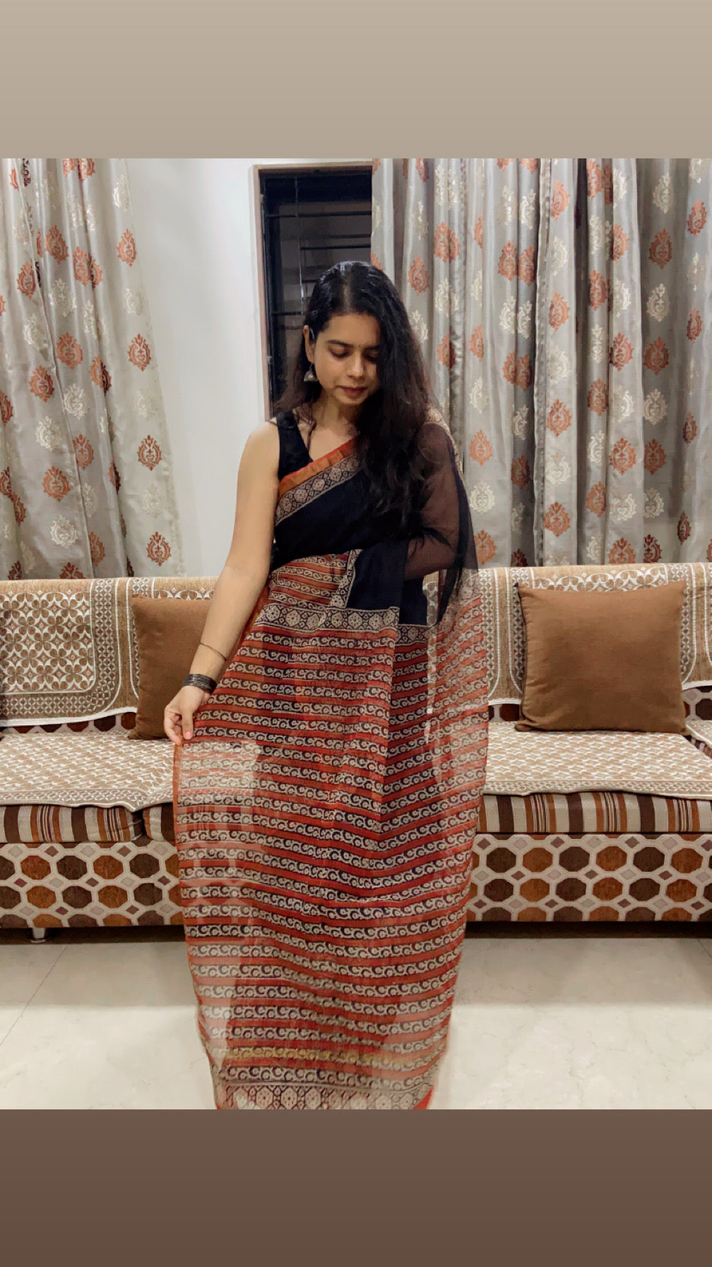 Black and red pattern border cotton kota doria saree