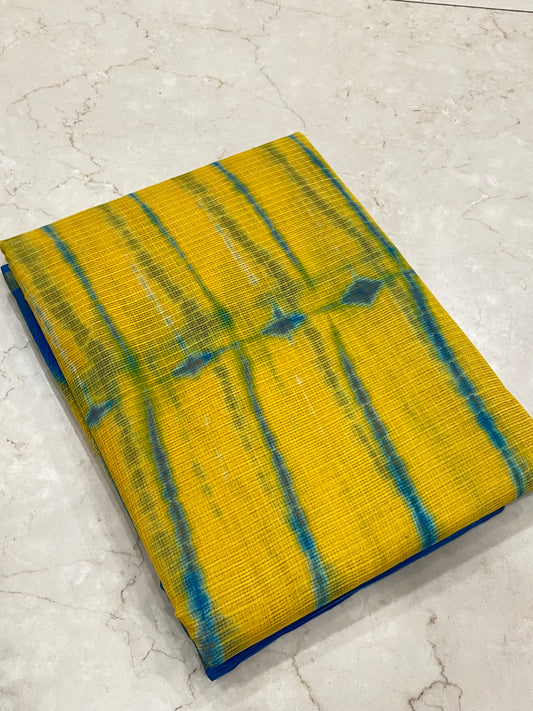 Yellow and Blue Cotton Kota doria zari border saree