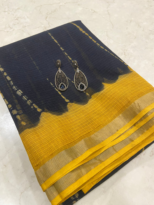 Yellow and Black Bagru Hand Block Printed Cotton Kota Doria Zari Border Saree