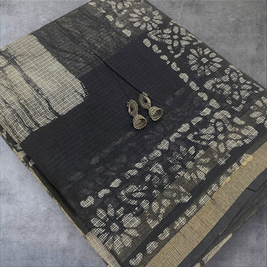 Black and white cotton kota doria with floral zari border saree