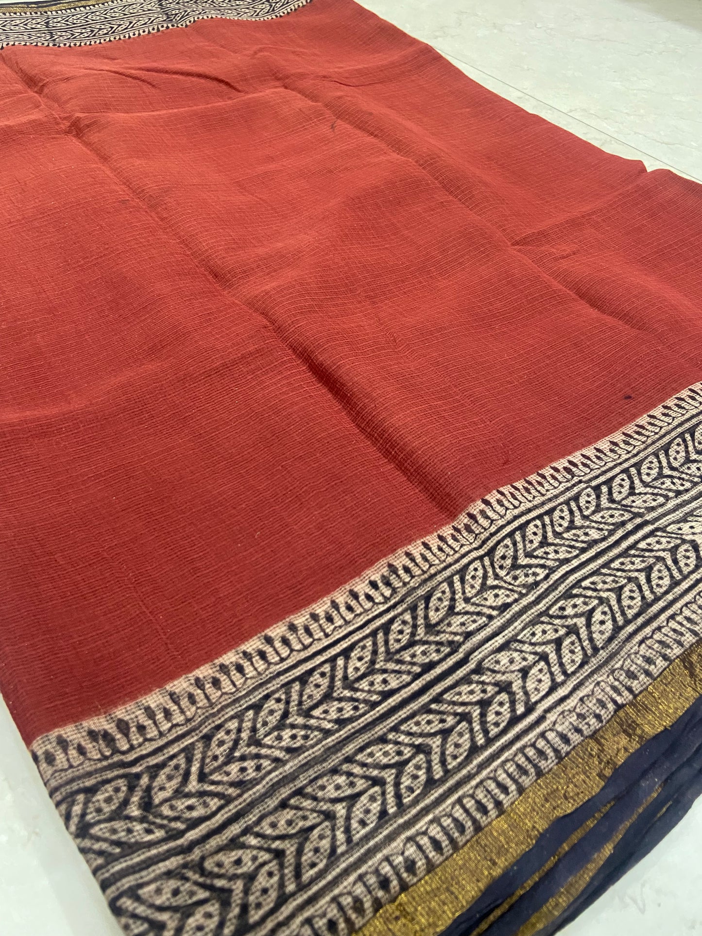 Red and black leaf border cotton kota doria saree