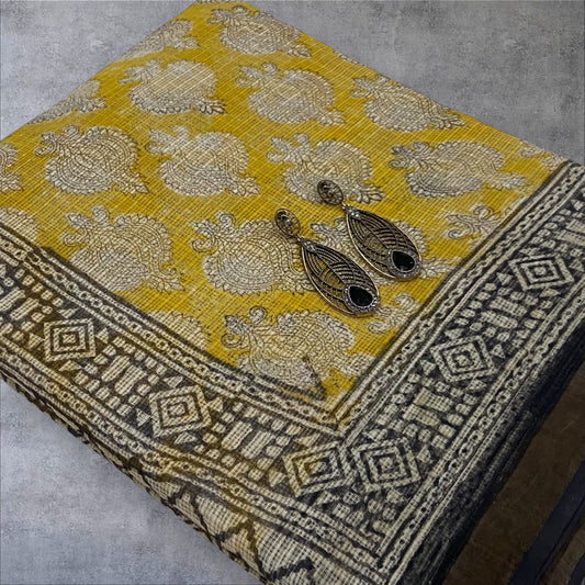 Yellow cotton kota doria zari border saree