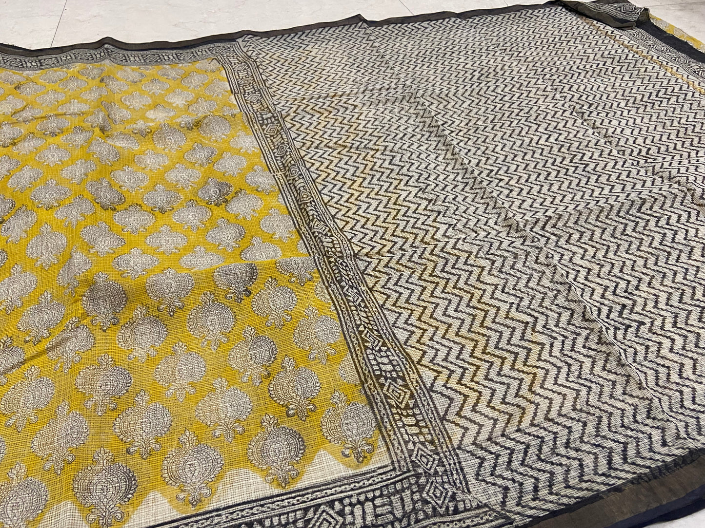 Yellow cotton kota doria zari border saree