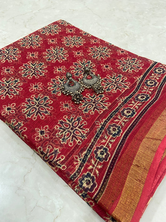 Kumkum Red cotton kota doria zari border saree