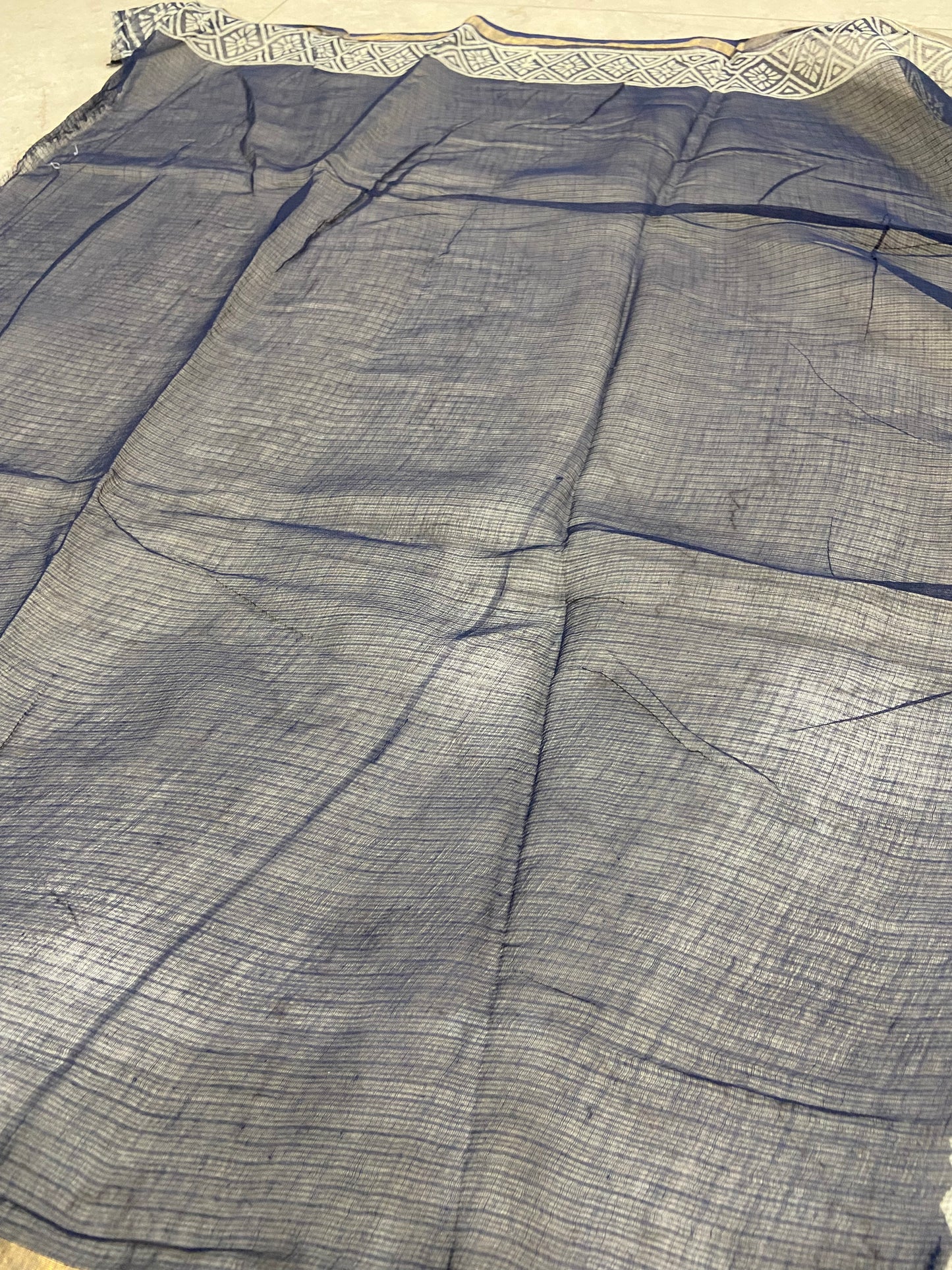 Indigo flower booti printed cotton kota doria zari border saree