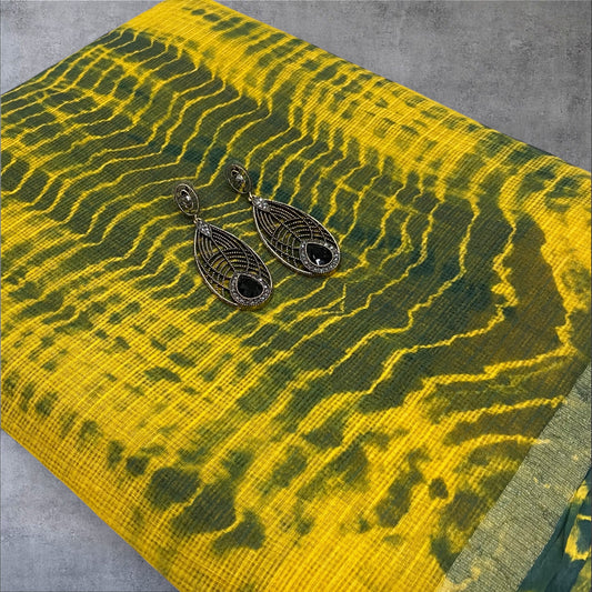 Bandhani printed green and yellow cotton kota doria zari border saree