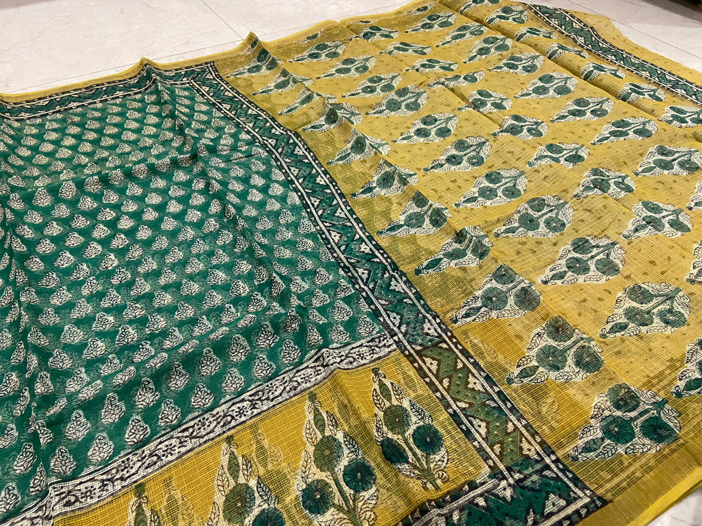 Morpankh green and yellow cotton kota doria saree