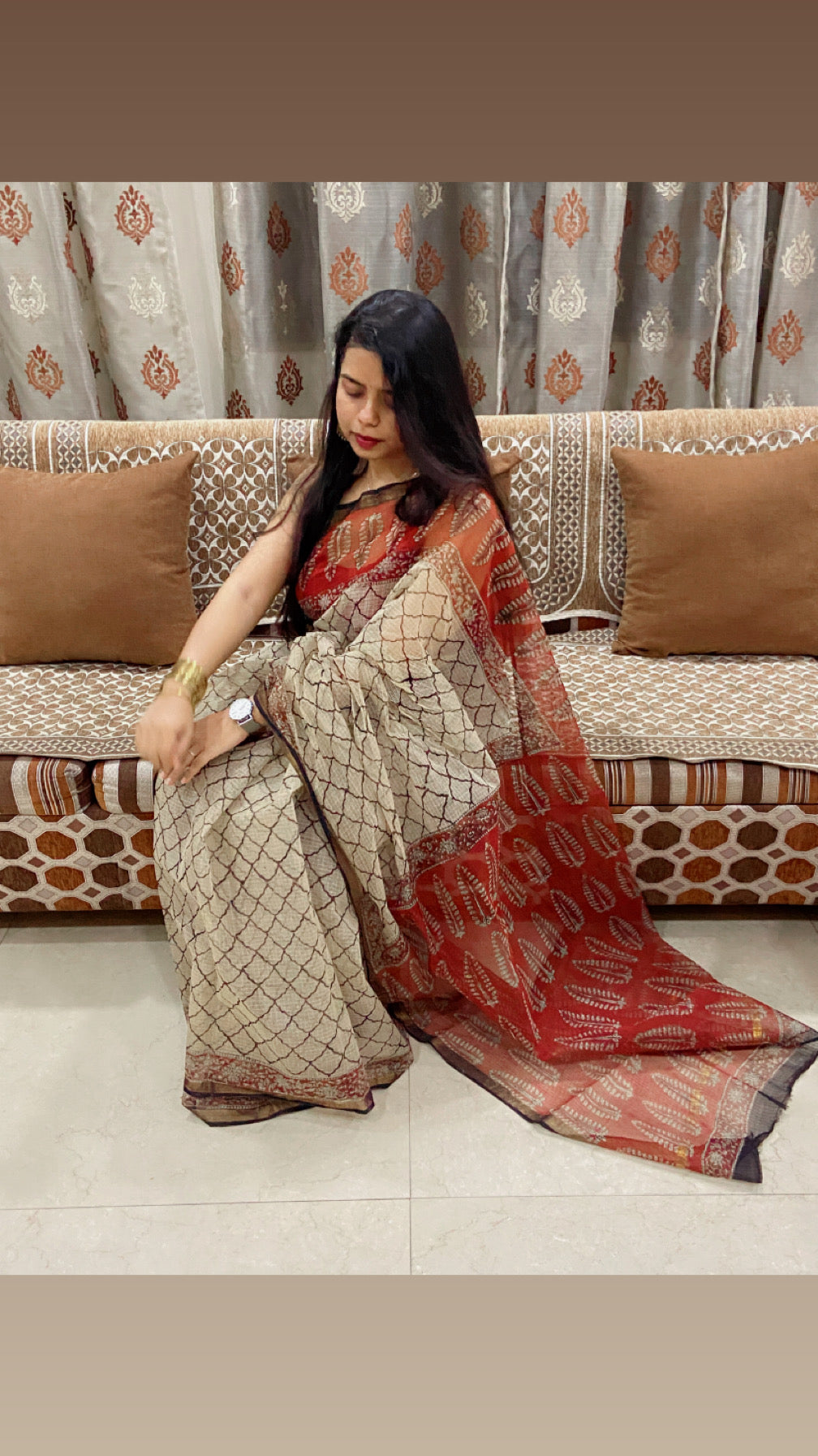 White and red leaf border cotton kota doria saree