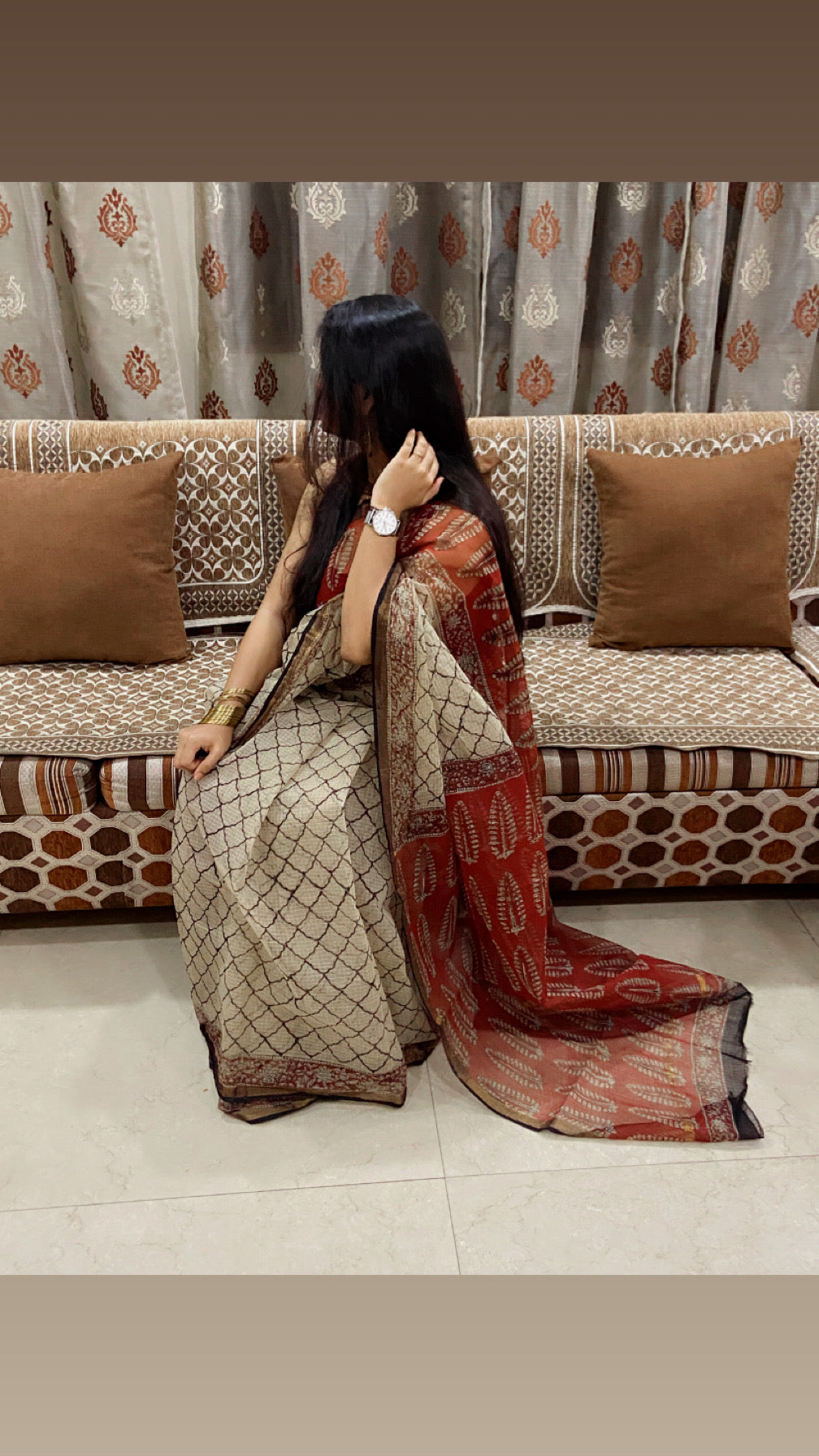 White and red leaf border cotton kota doria saree