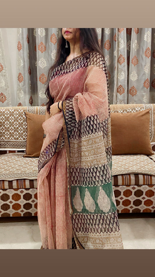 Red stripes cotton kota doria saree