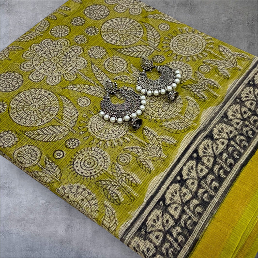 Yellow flower motifs cotton kota doria saree