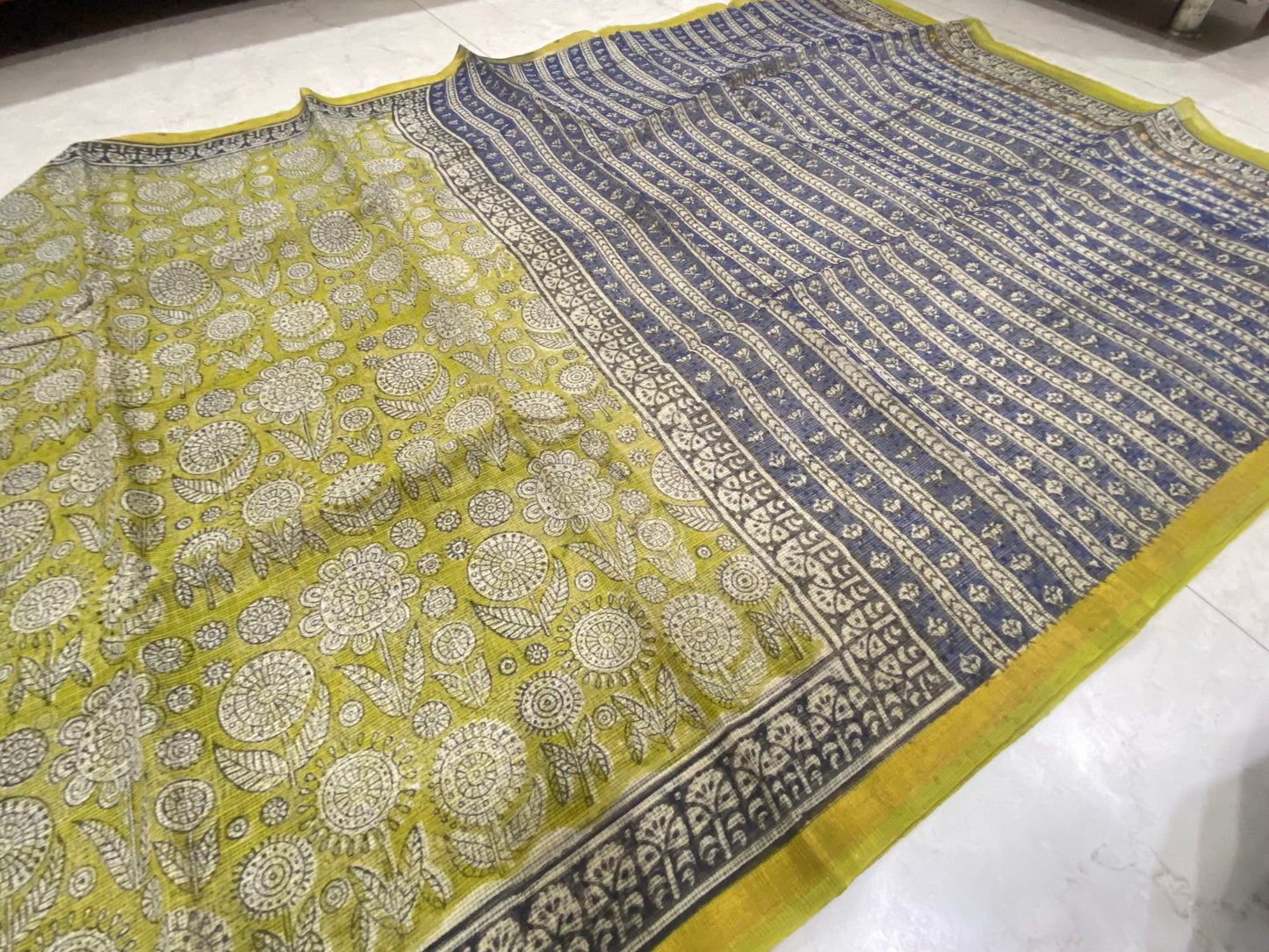 Yellow flower motifs cotton kota doria saree