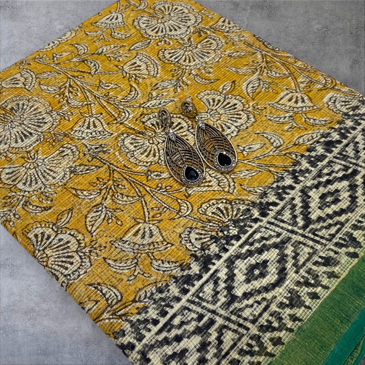 Yellow green flower motifs cotton kota doria saree