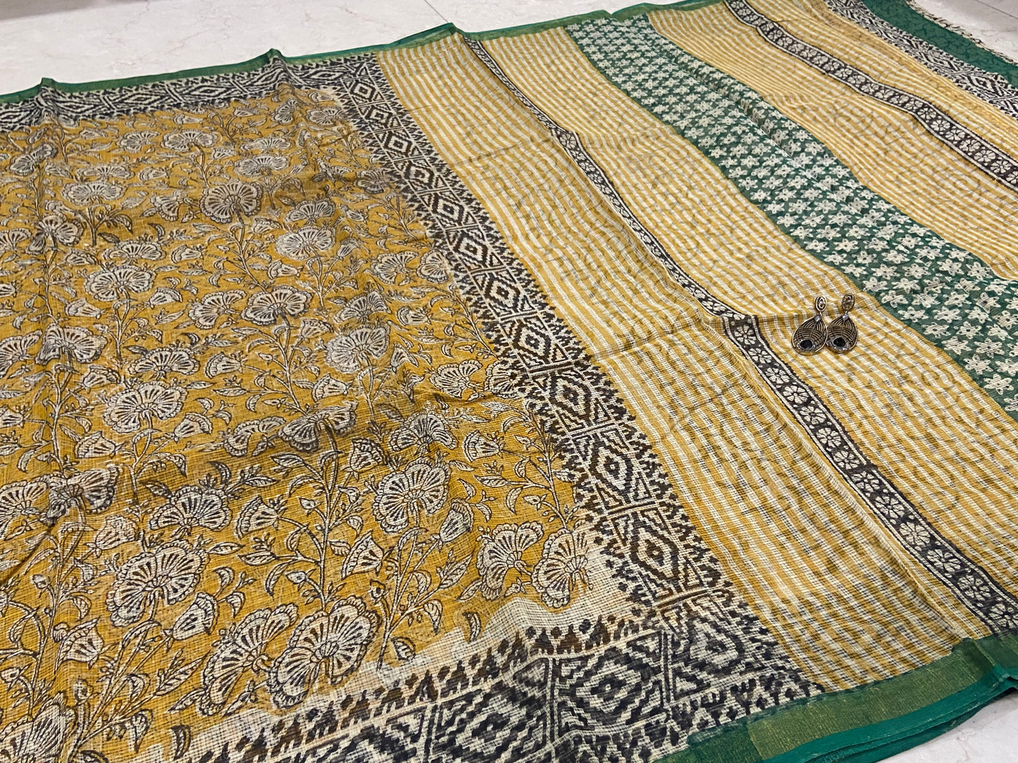Yellow green flower motifs cotton kota doria saree