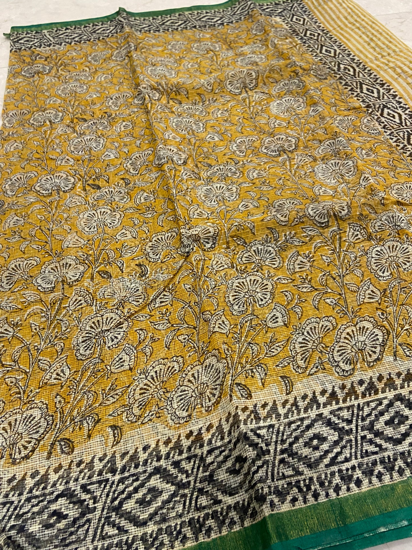 Yellow green flower motifs cotton kota doria saree