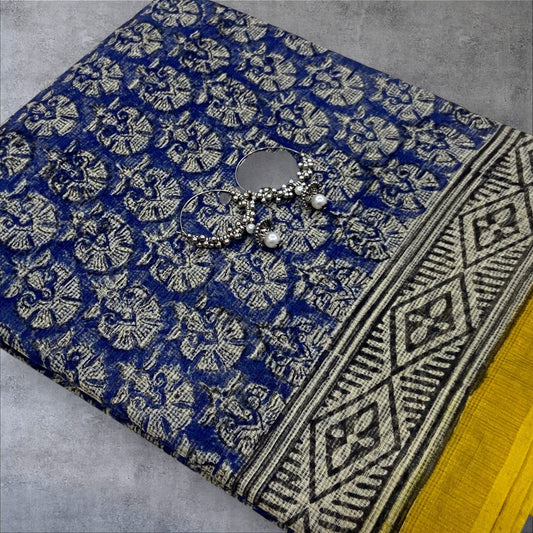 Ink blue and yellow cotton kota doria saree