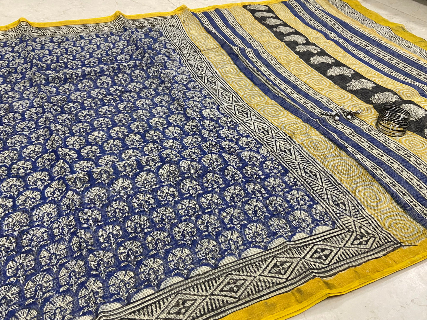 Ink blue and yellow cotton kota doria saree