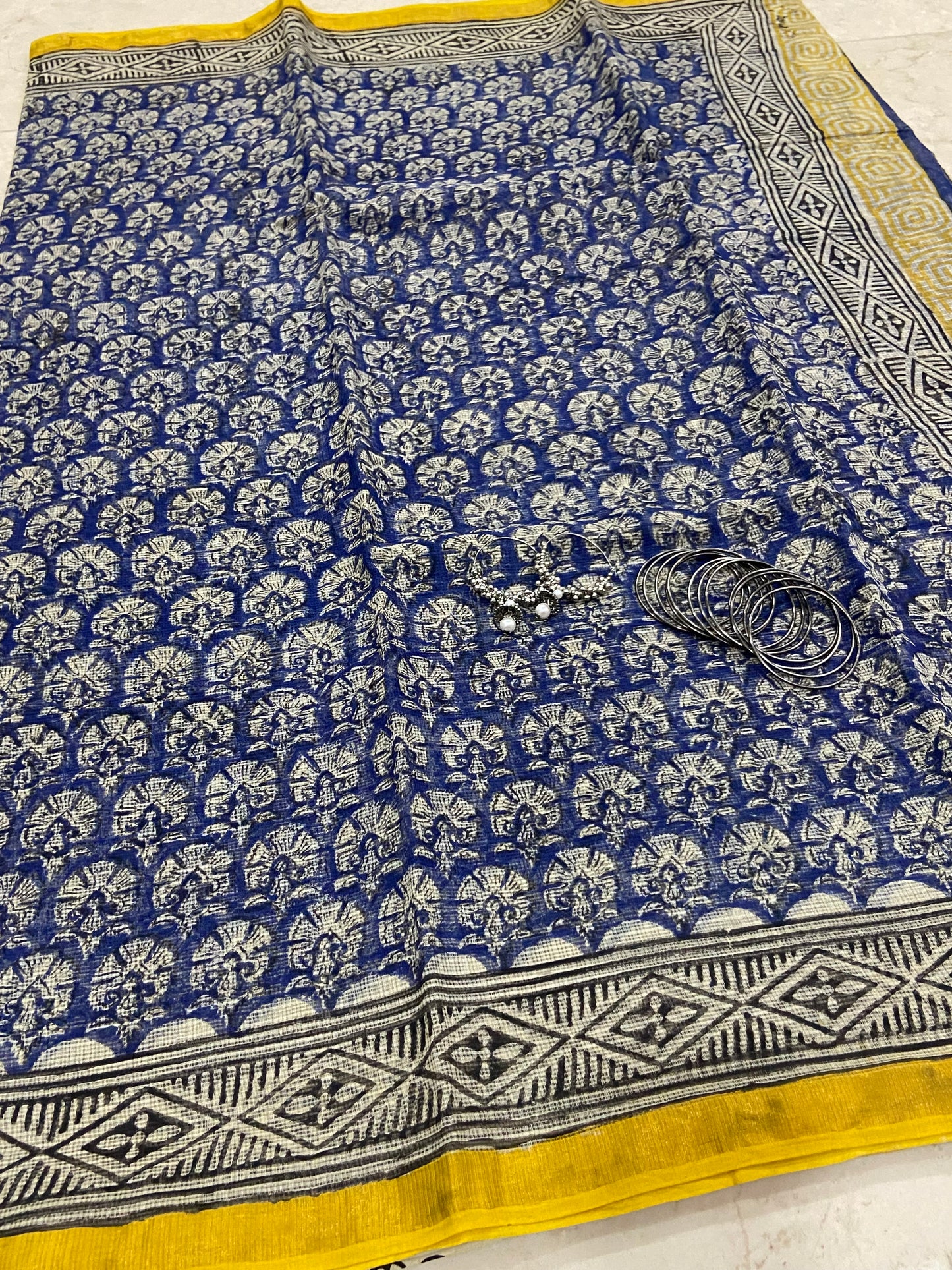 Ink blue and yellow cotton kota doria saree