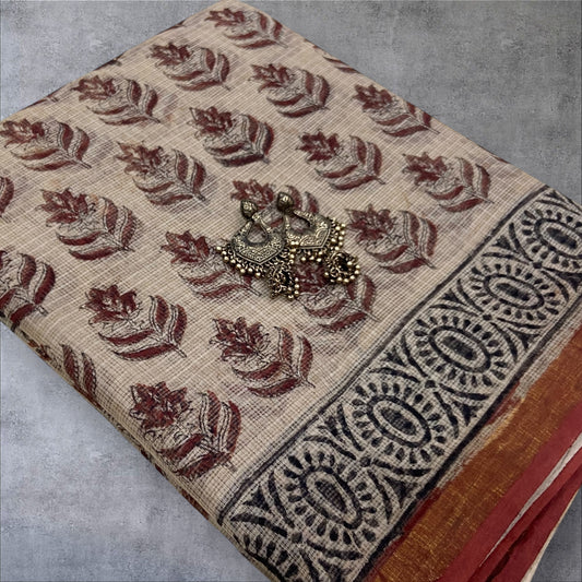 Brown flower butti cotton kota doria saree