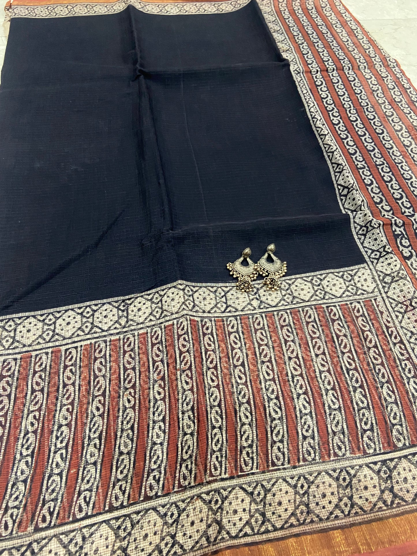 Black and red pattern border cotton kota doria saree